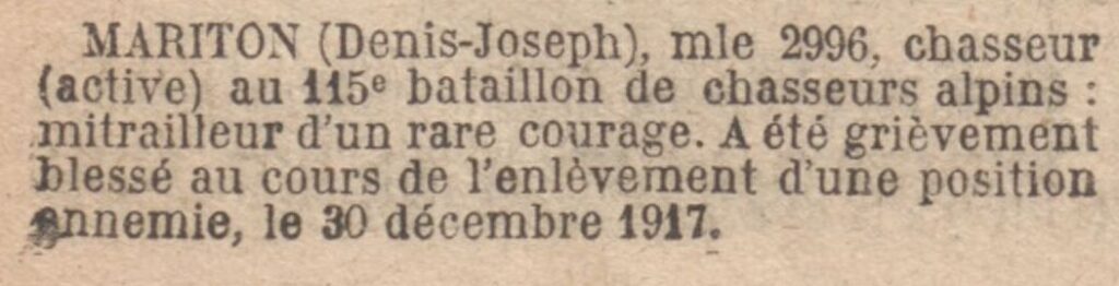Citation parue au Journal Officiel le 28 février 1918.