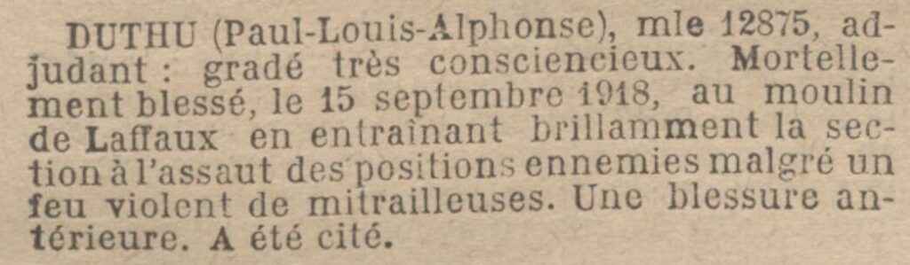 Citation parue au Journal Officiel le 16 décembre 1919.