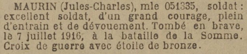 Citation parue au Journal Officiel le 4 janvier 1921.