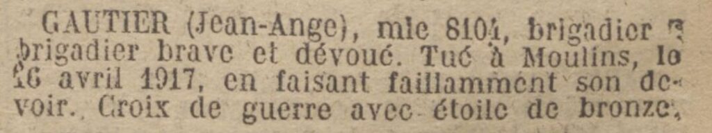 Citation parue au Journal Officiel le 30 juillet 1921.