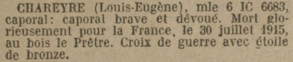 Citation parue au Journal Officiel le 10 mai 1922.