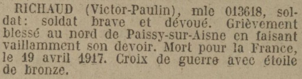 Citation parue au Journal Officiel le 10 mai 1922.
