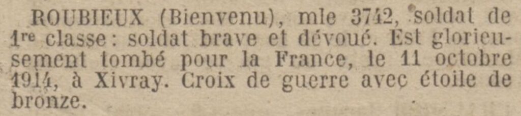 Citation parue au Journal Officiel le 16 mai 1922.