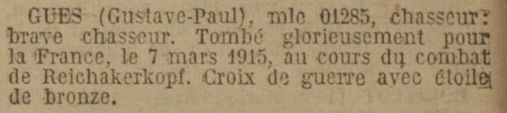 Citation parue au Journal Officiel le 1er septembre 1922.