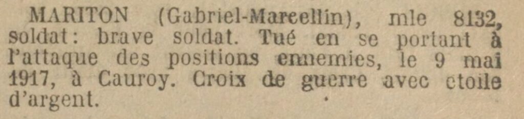 Citation parue au Journal Officiel le 4 janvier 1923.