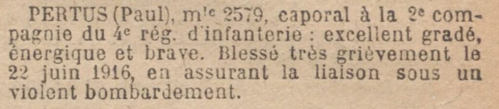Citation parue au Journal Officiel le 2 août 1916.